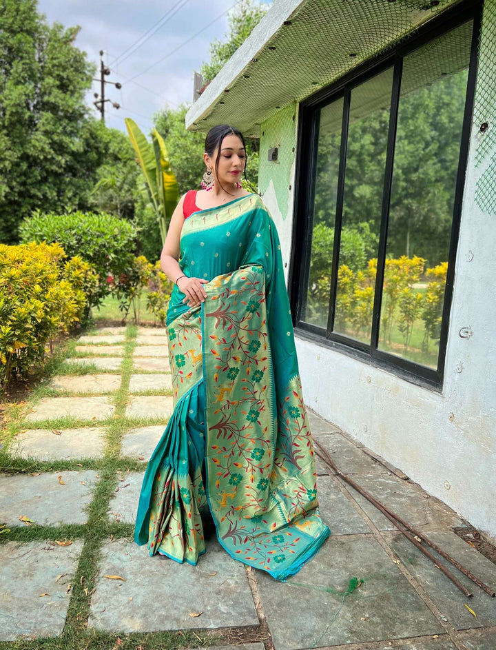 Teal Blue Paithani Silk Saree - PAHRAVA