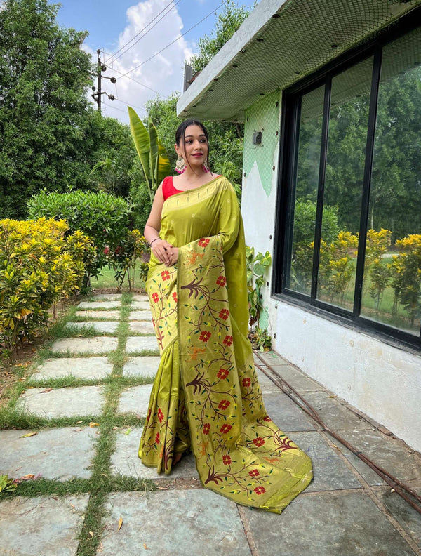 Mahendi Green Paithani Silk Saree - PAHRAVA