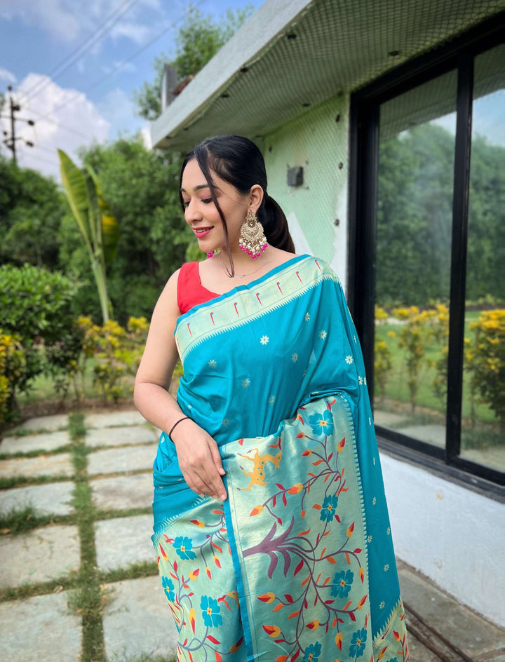 Bright Blue Paithani Silk Saree - PAHRAVA