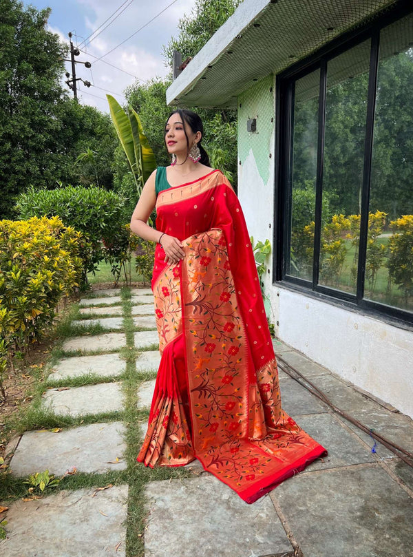 Ruby Red Paithani Silk Saree - PAHRAVA