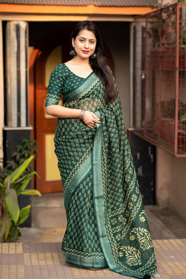 Dark Green Soft linen saree.