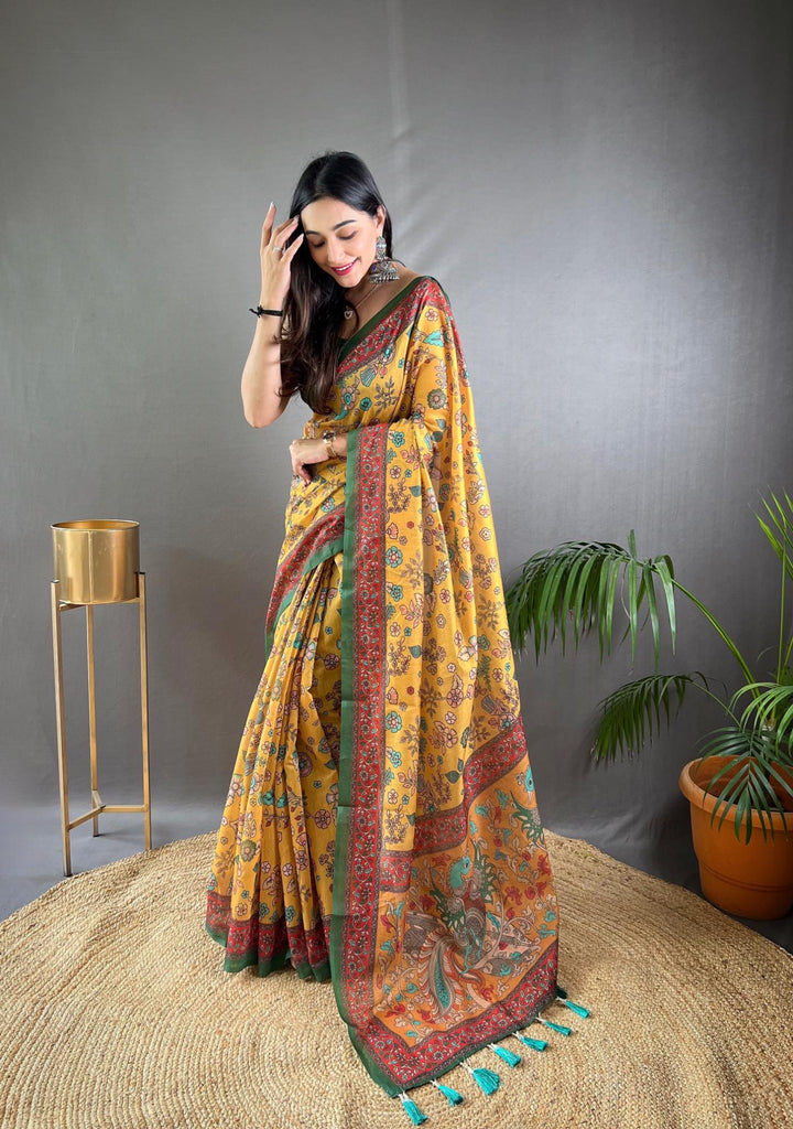 Mustard Yellow Pure Malai Cotton Saree - PAHRAVA