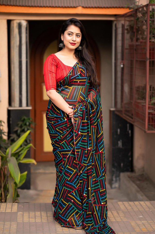 Black soft georgette with multicolor geometric prints saree.