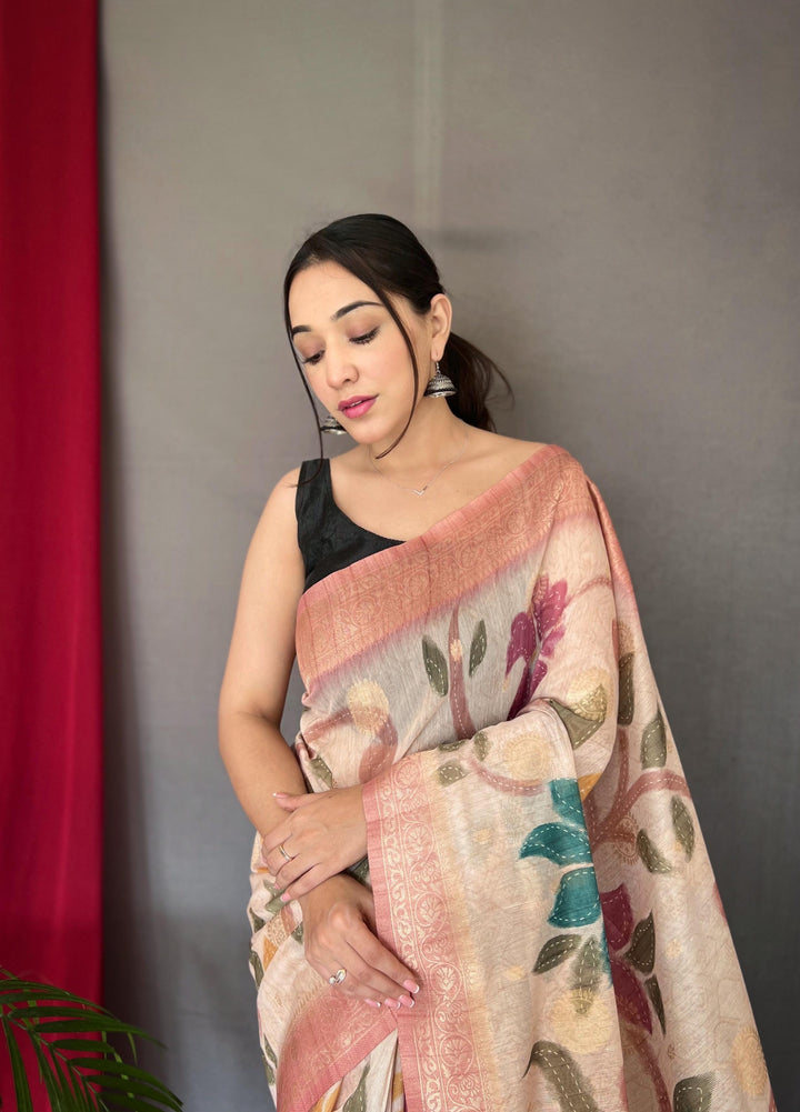 Off White With Pink Border 3D Digital Print Saree with Golden Zari Accents - PAHRAVA