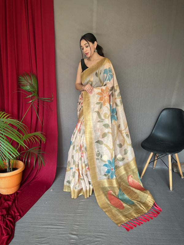 Off White With Golden Border 3D Digital Print Saree with Golden Zari Accents - PAHRAVA