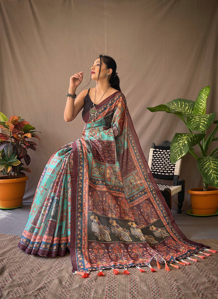 Sky Blue Kalamkari cotton saree - PAHRAVA