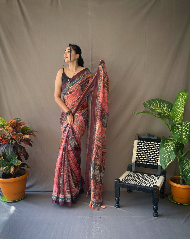 Soft Pink Kalamkari cotton saree - PAHRAVA