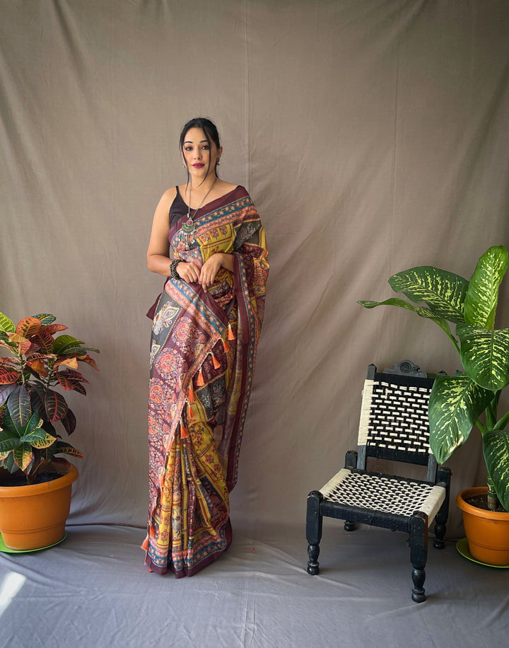 Bright Yellow Kalamkari cotton saree - PAHRAVA