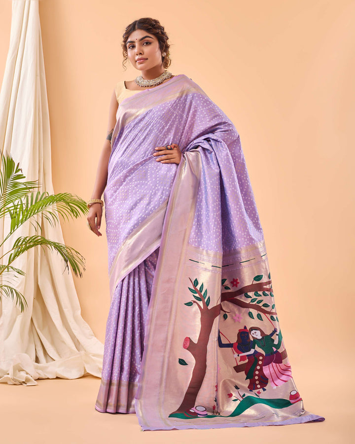 Lilac Lavender Bandhej paithani silk saree - PAHRAVA