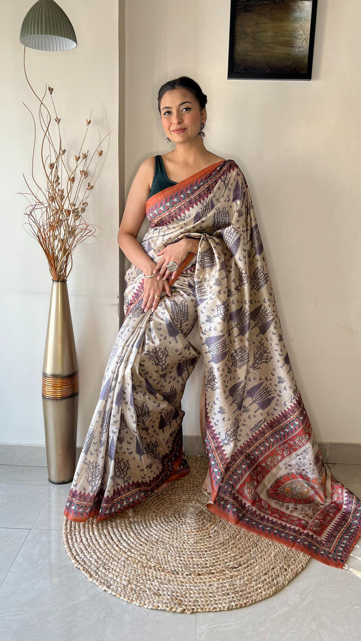 Off White With Orange Border Soft Silk Saree with Tribal and Kalamkari Prints - PAHRAVA