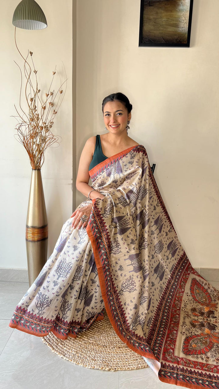 Off White With Orange Border Soft Silk Saree with Tribal and Kalamkari Prints - PAHRAVA