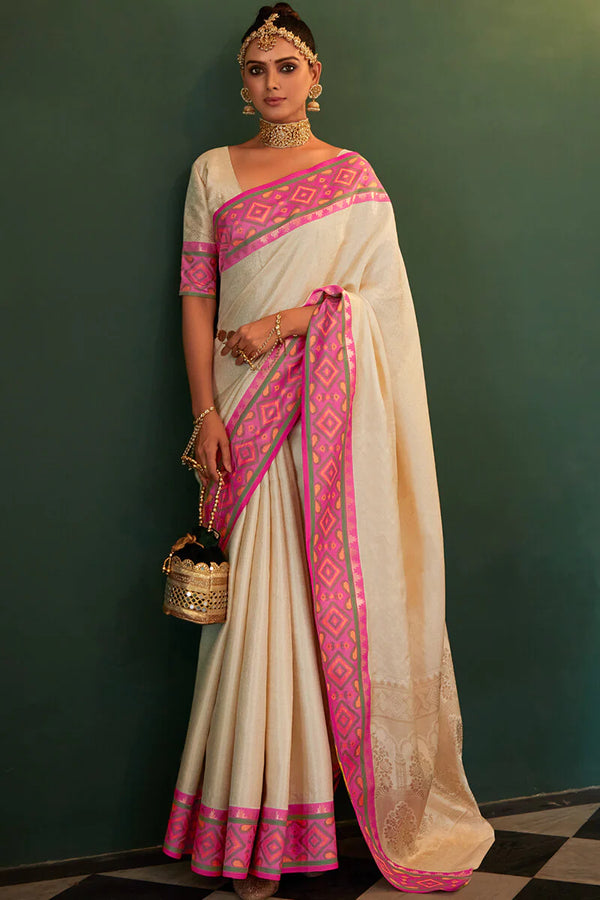 Pearl Cream Kanji-Varam Silk with Patola Fusion Saree.