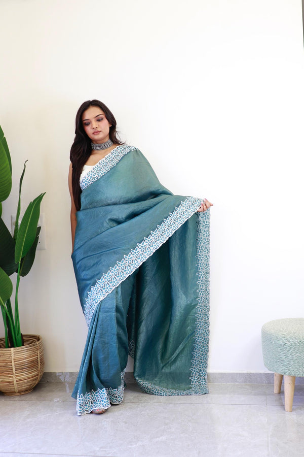 Greenish Blue Crushed Silk with Embroidery and Meena Work Saree.