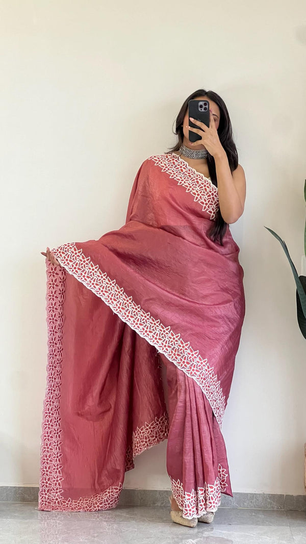 Old Rose Pink Crushed Silk with Embroidery and Meena Work Saree.