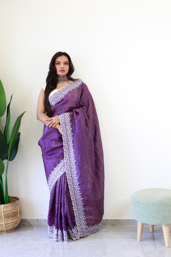 Grape Purple Crushed Silk with Embroidery and Meena Work Saree.