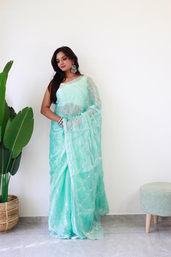 Teal Blue Embroidery and Sequin Silver Work Jimmy Choo Saree.