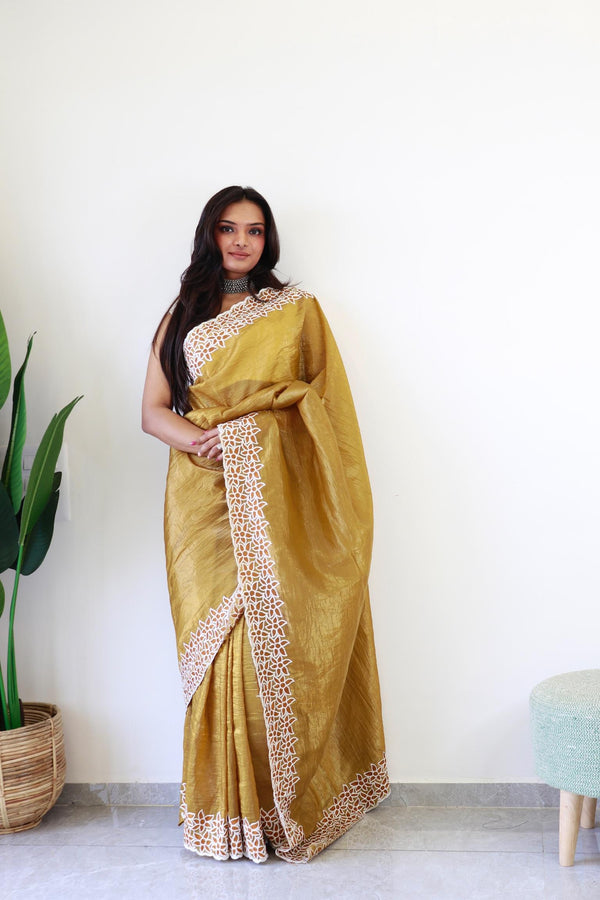 Mustard Yellow Crushed Silk with Embroidery and Meena Work Saree.