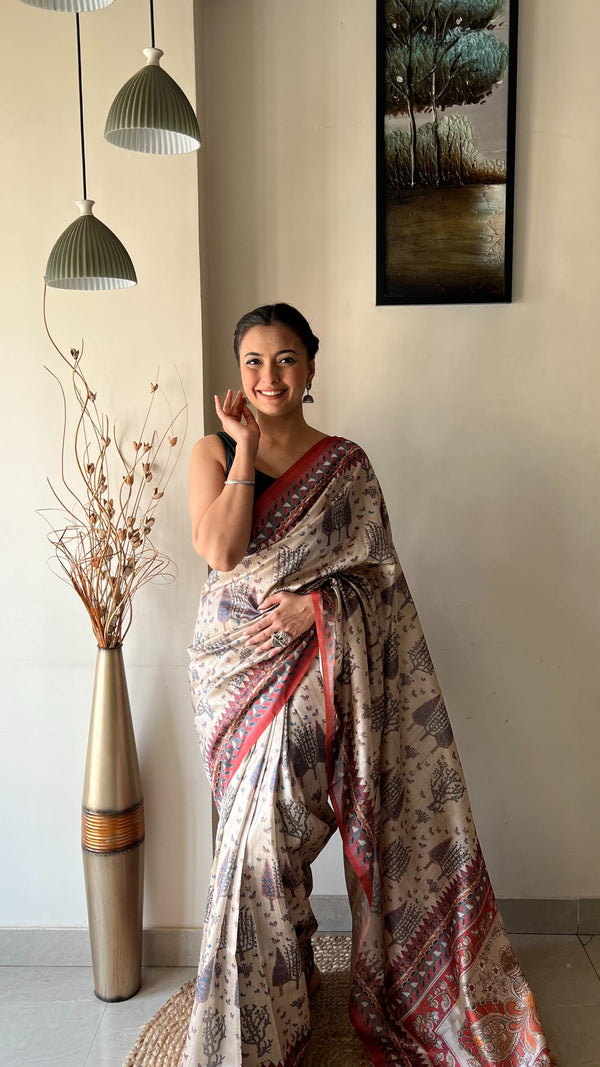 Off White With Red Border Soft Silk Saree with Tribal and Kalamkari Prints - PAHRAVA