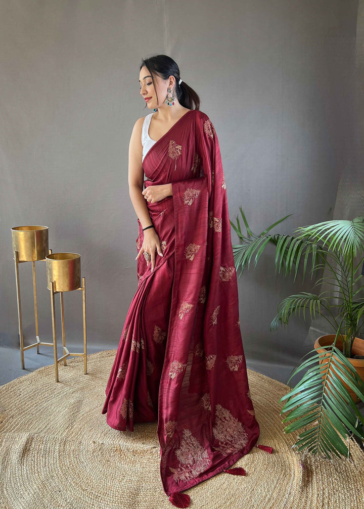 Ruby Red silk saree - PAHRAVA