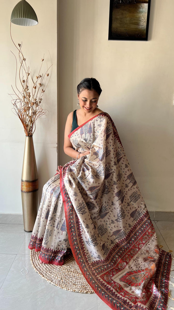 Off White With Red Border Soft Silk Saree with Tribal and Kalamkari Prints - PAHRAVA