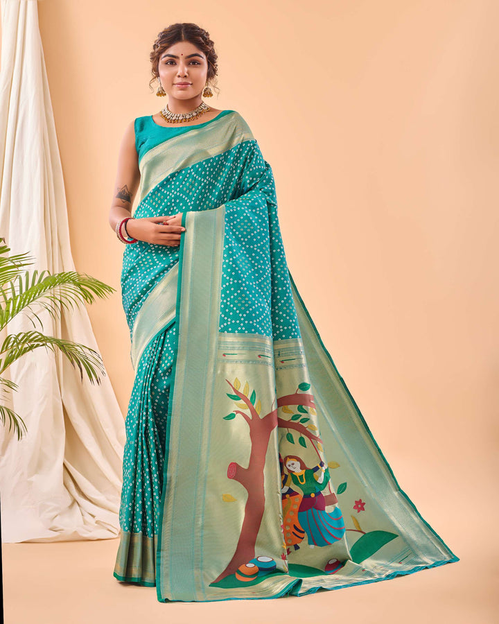 Teal Green Bandhej paithani silk saree - PAHRAVA