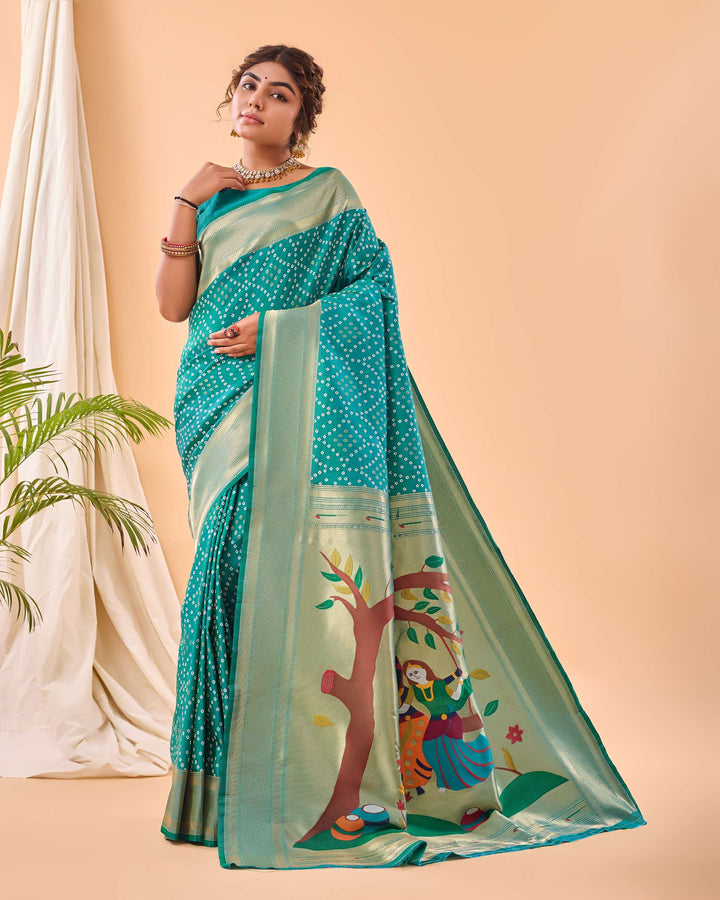 Teal Green Bandhej paithani silk saree - PAHRAVA