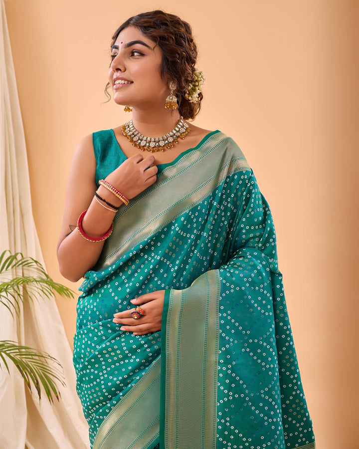 Teal Green Bandhej paithani silk saree - PAHRAVA