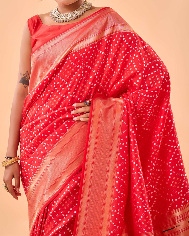 Bright Red Bandhej paithani silk saree - PAHRAVA