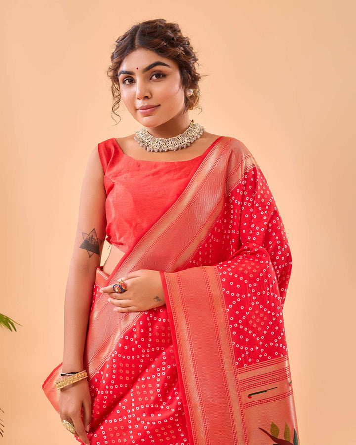 Bright Red Bandhej paithani silk saree - PAHRAVA