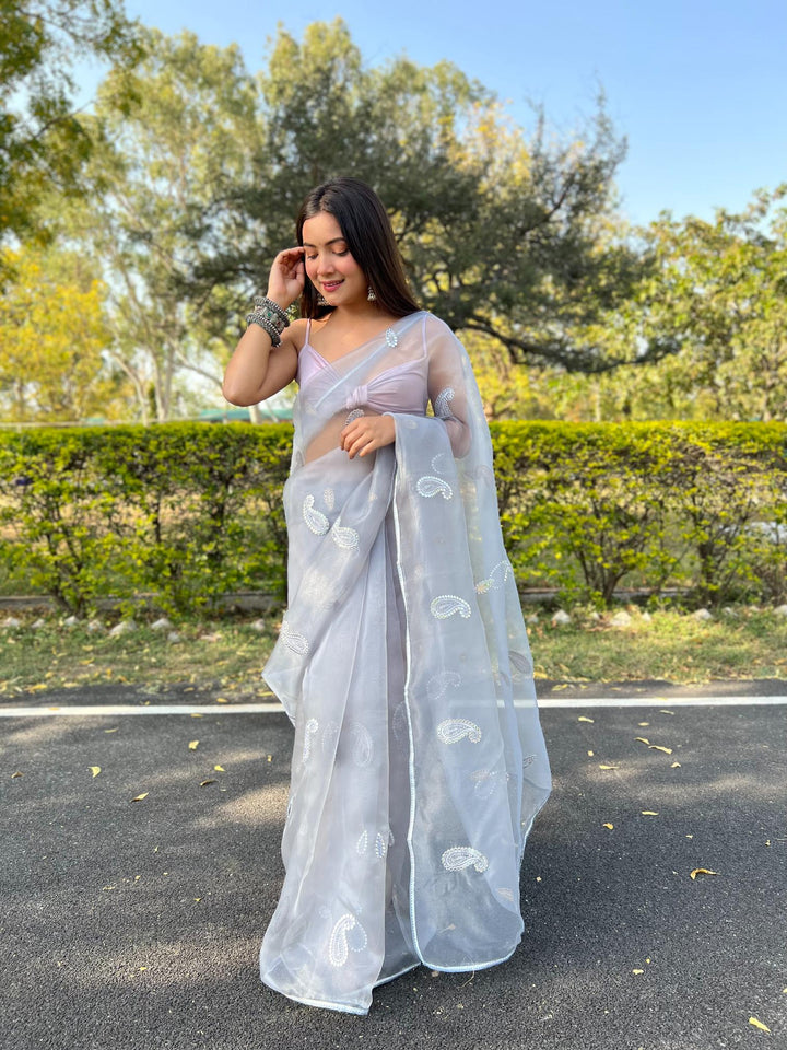 Light Grey Organza Silk With Gotta And Resam Thread Work Saree - PAHRAVA