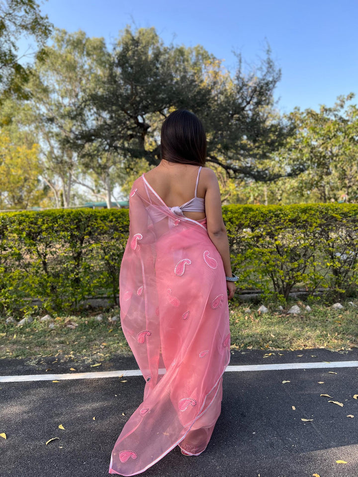 Baby Pink Organza Silk With Gotta And Resam Thread Work  Saree - PAHRAVA