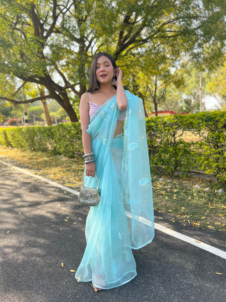 Sky Blue Organza Silk With Gotta And Resam Thread Work  Saree - PAHRAVA