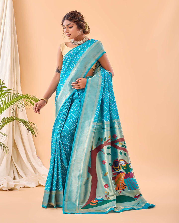 sky Blue Bandhej paithani silk saree - PAHRAVA