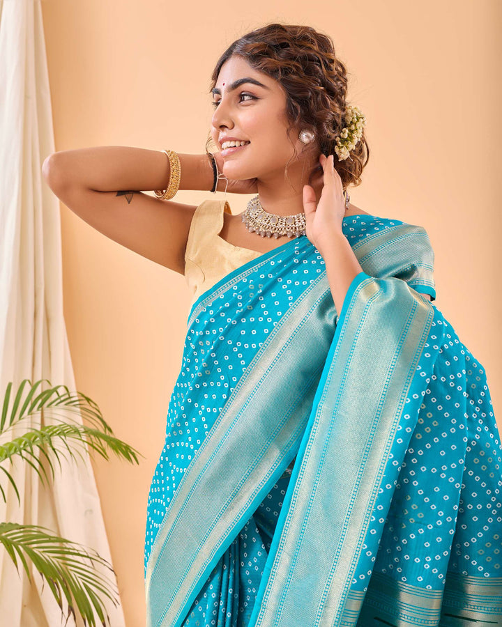 sky Blue Bandhej paithani silk saree - PAHRAVA