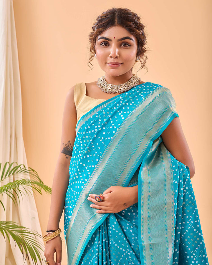 sky Blue Bandhej paithani silk saree - PAHRAVA