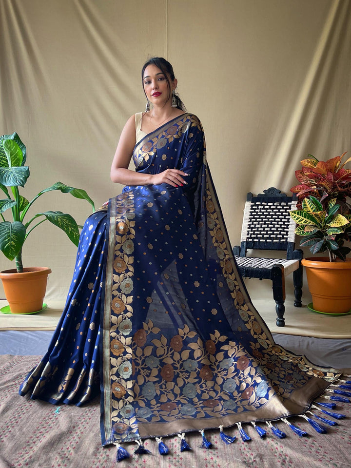 Navy blue soft silk saree with zari weaving - PAHRAVA