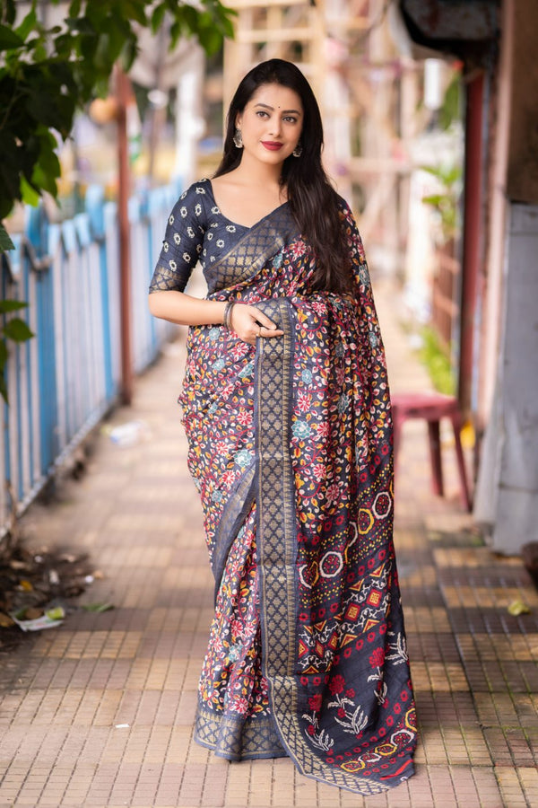 Dark Grey soft slub silk kalamkari printed with Jacq woven Zari border saree.