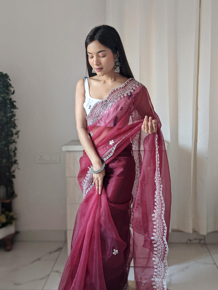 Ruby Wine Pure Organza Silk Saree With Cutwork Border With Fully Handwork Sequence Work - PAHRAVA