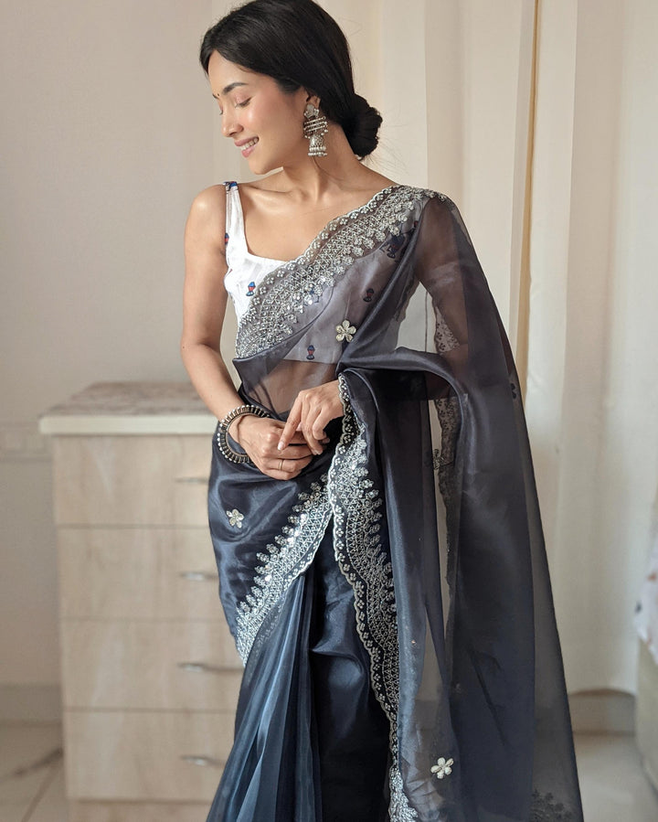 Charcoal Black Pure Organza Silk Saree With Cutwork Border With Fully Handwork Sequence Work - PAHRAVA