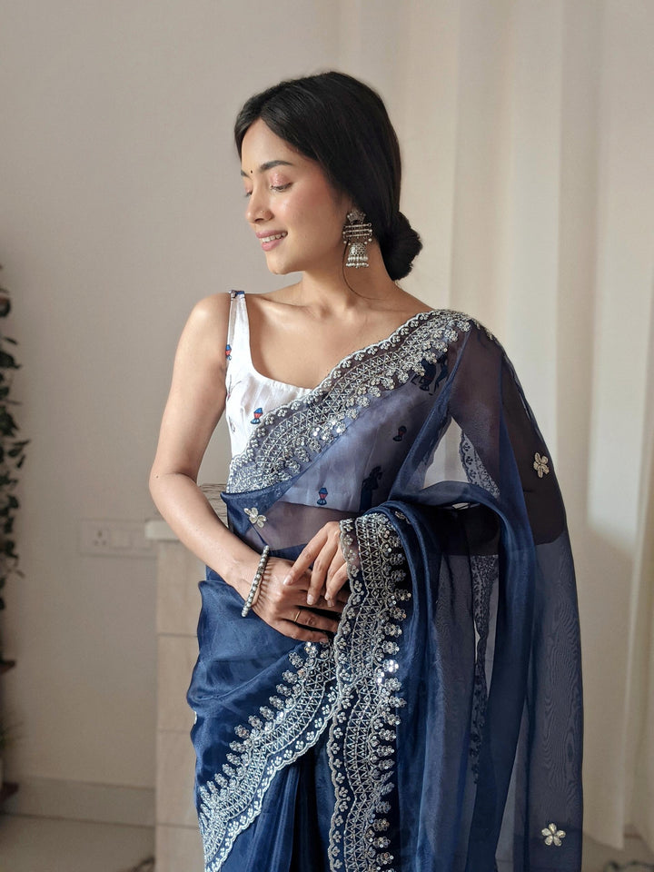 Navy Blue Pure Organza Silk Saree With Cutwork Border With Fully Handwork Sequence Work - PAHRAVA