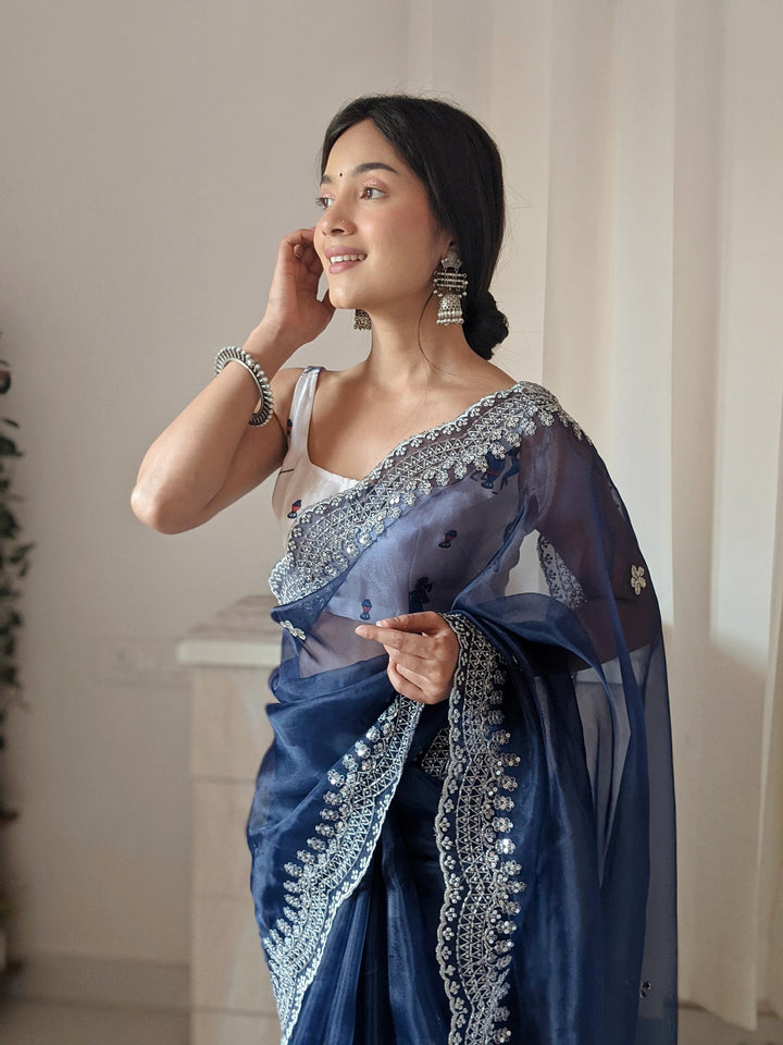 Navy Blue Pure Organza Silk Saree With Cutwork Border With Fully Handwork Sequence Work - PAHRAVA