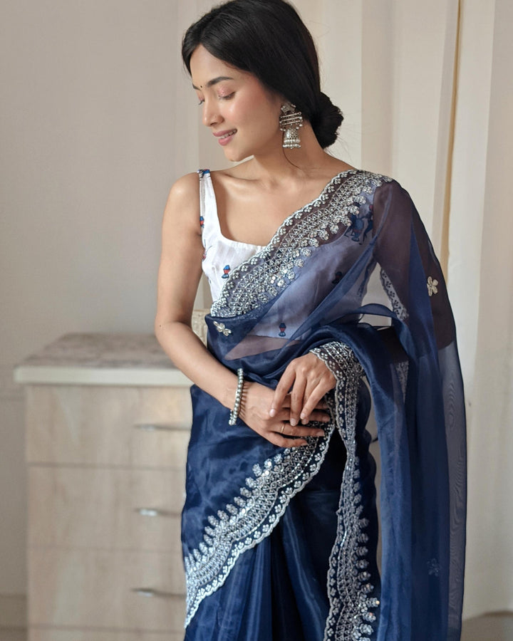 Navy Blue Pure Organza Silk Saree With Cutwork Border With Fully Handwork Sequence Work - PAHRAVA