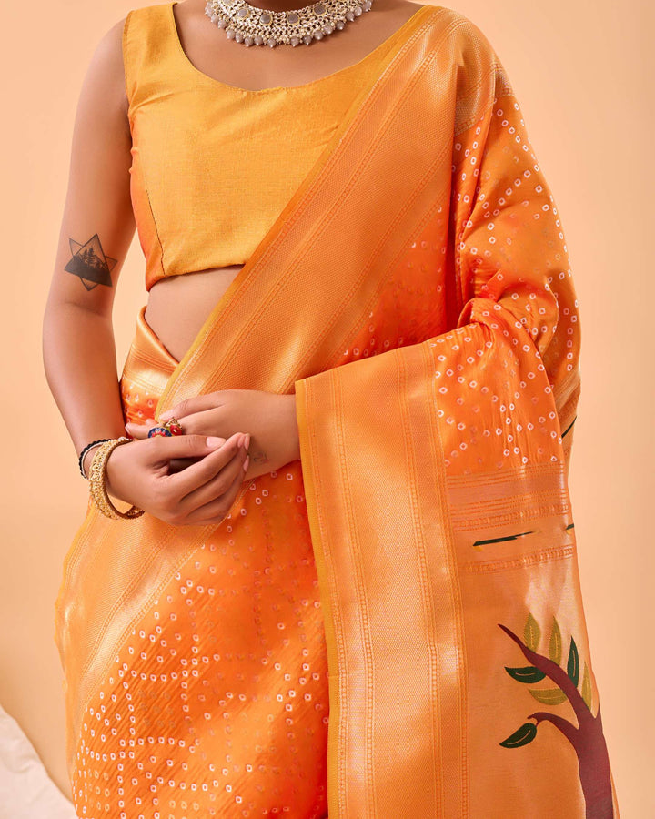 Warm Yellow Bandhej paithani silk saree - PAHRAVA