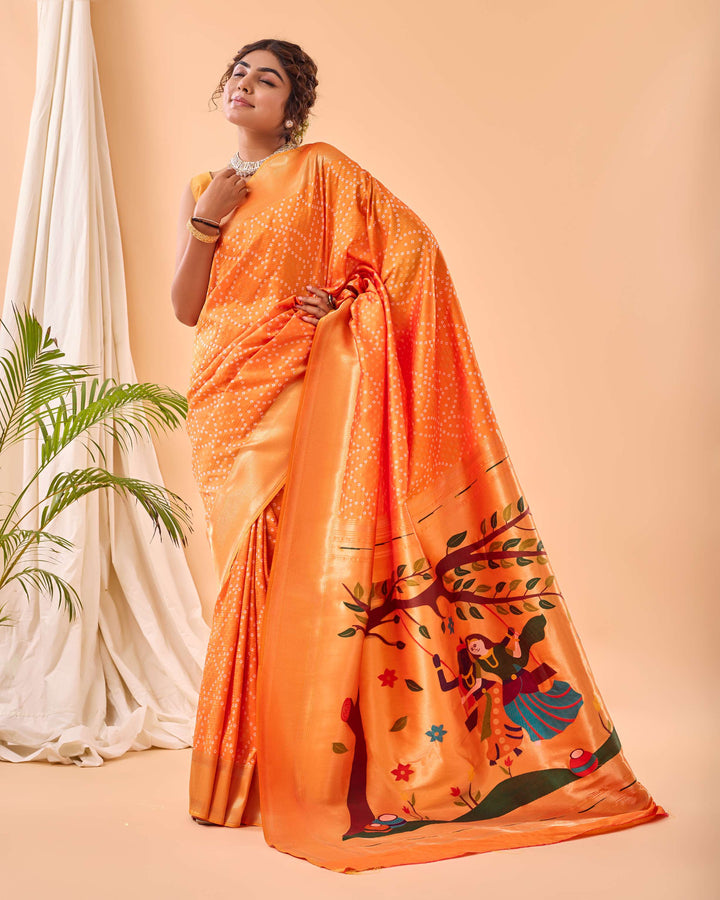 Warm Yellow Bandhej paithani silk saree - PAHRAVA