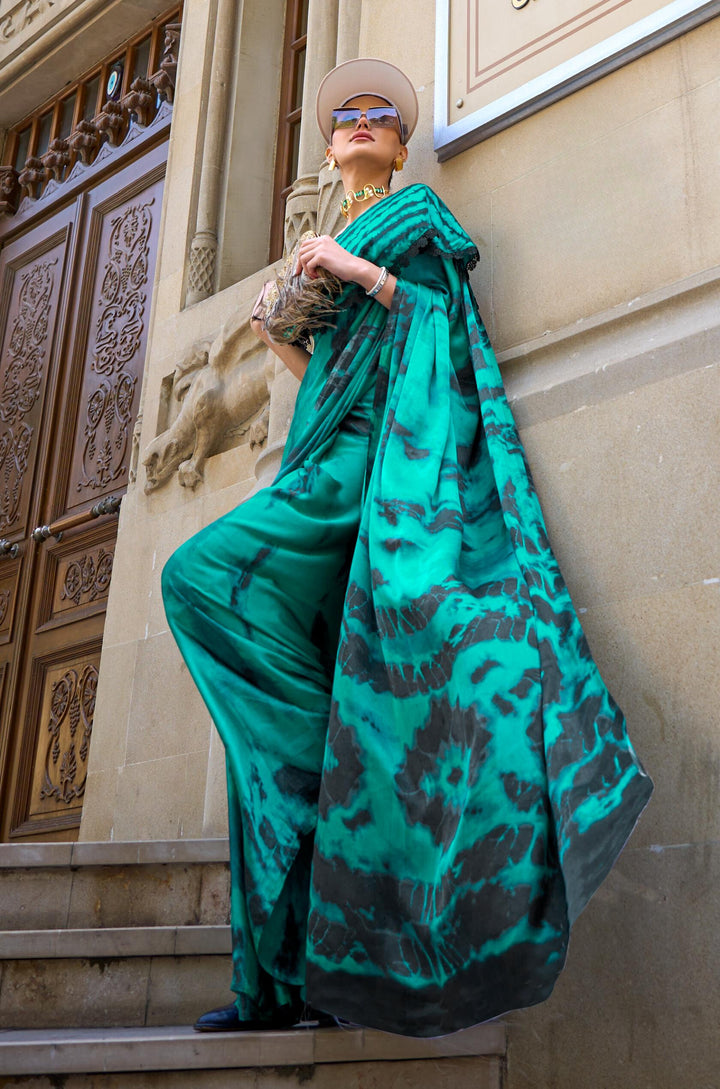 Peppy Peacock Green Print Satin Crape Saree - PAHRAVA