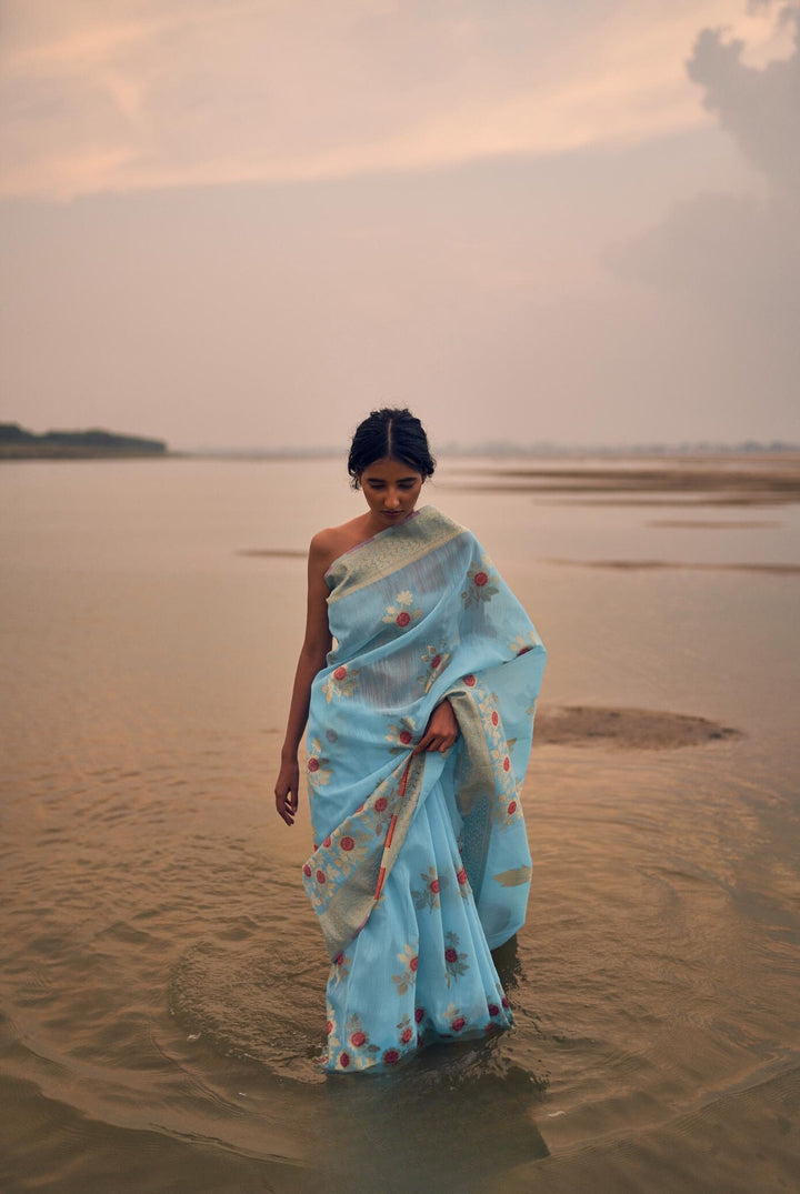 Moonstone Blue Pure Linen Silk Saree - PAHRAVA