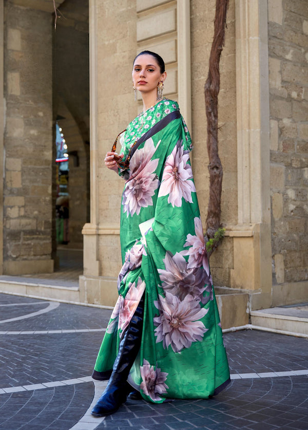 Paris Green Digital Print Satin Crepe Saree - PAHRAVA