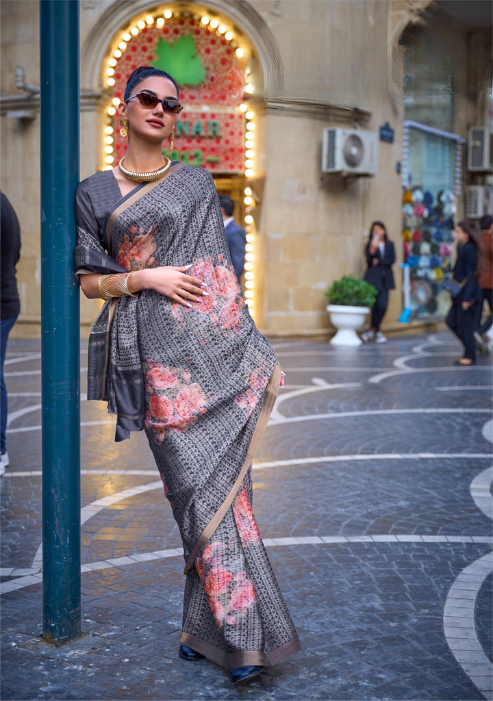 Mid Grey Print Poly Viscose Handloom Weaving Saree - PAHRAVA