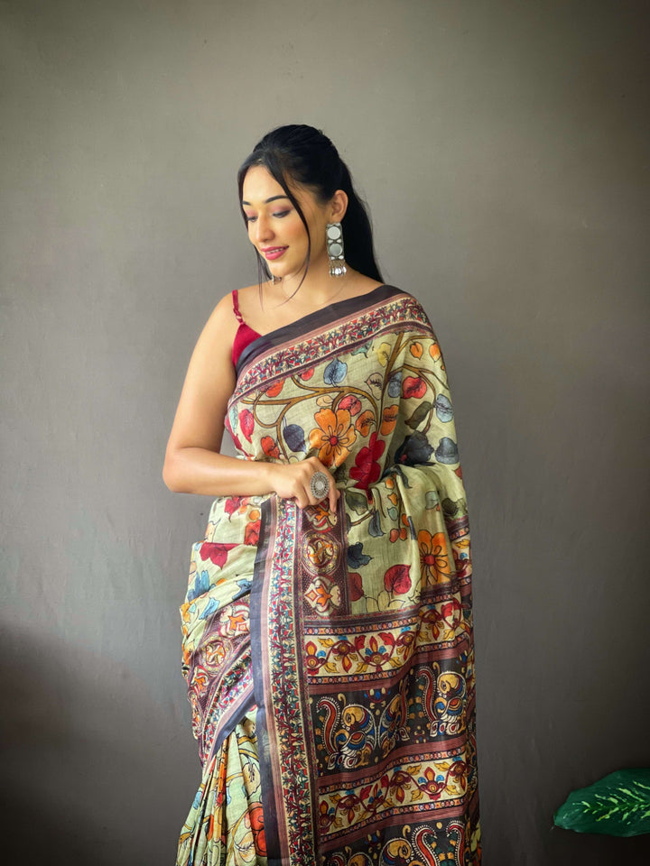 Antique Green Kalamkari cotton saree - PAHRAVA