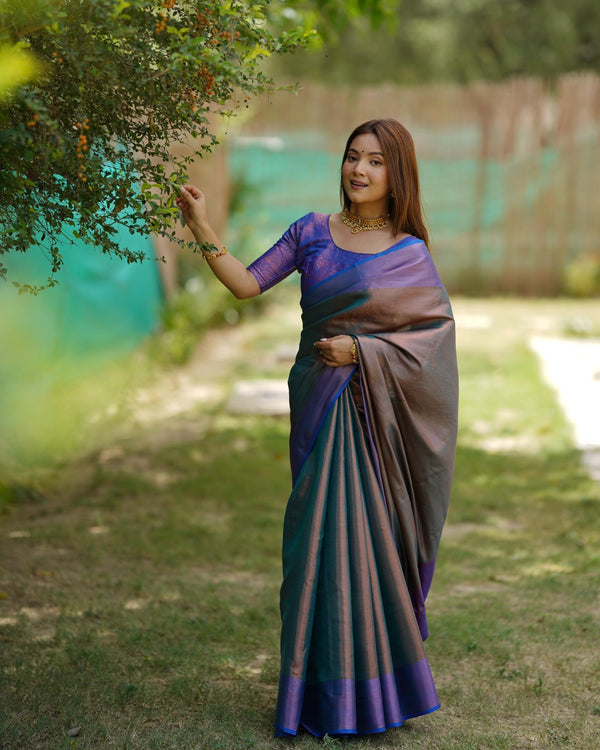 Pastel Purple Kubera Pattu Kanji-Varam Silk with Two-Tone Border Saree.